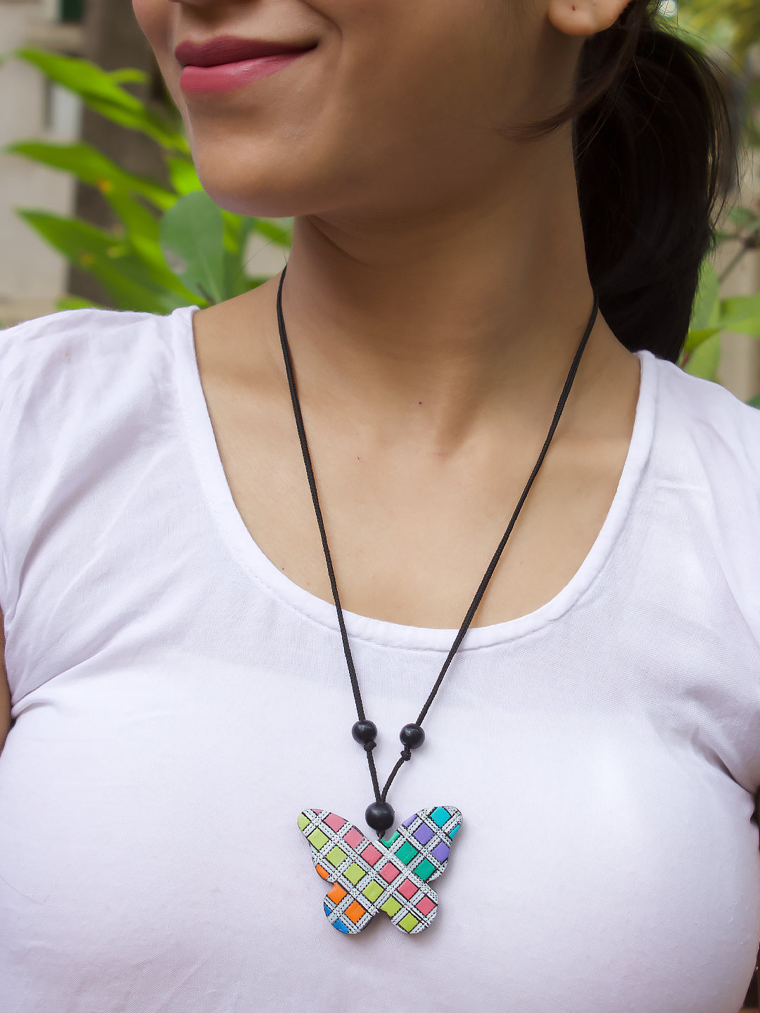 Dancing Butterfly in Pastel Shade Green Pink Yellow Orange Colors Handmade Terracotta Necklace