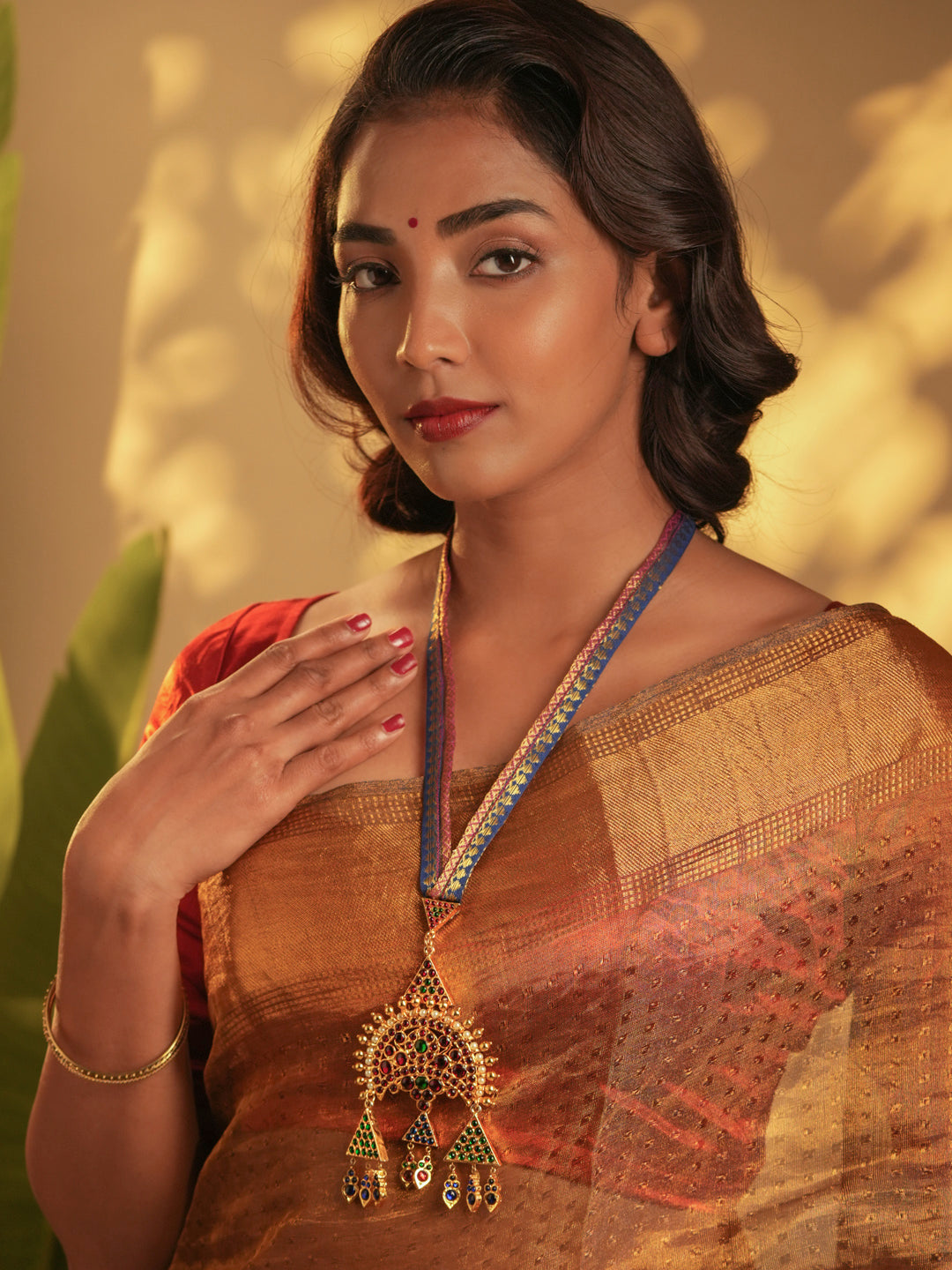 Gold Tone Temple Necklace Set- Brocade Surya Blue