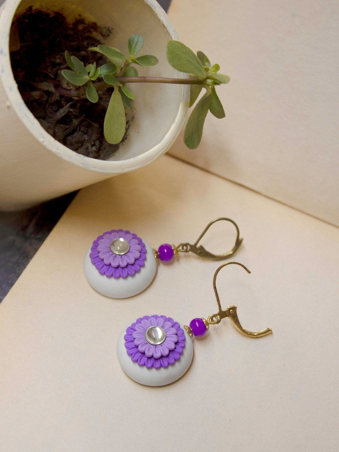 Gold Plated Floral Design Purple Color Dangler Earring