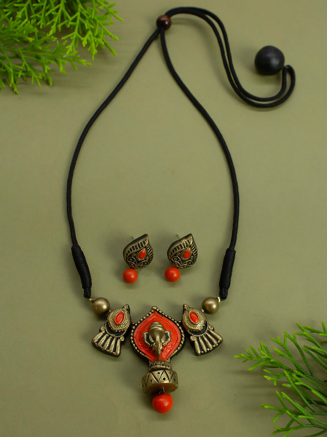 Leaf Ganesha Design Orange Antique Gold Handmade Terracotta Necklace Set