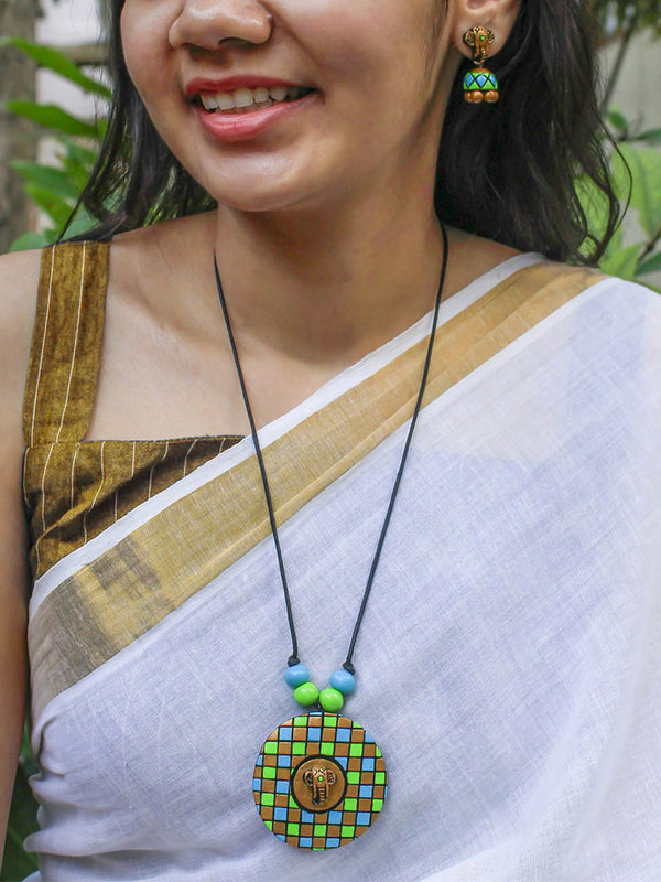 Daily Wear Checkered Pattern Circular Design Pendant with Elephant Engraving  Blue Green Handmade Terracotta Necklace Set