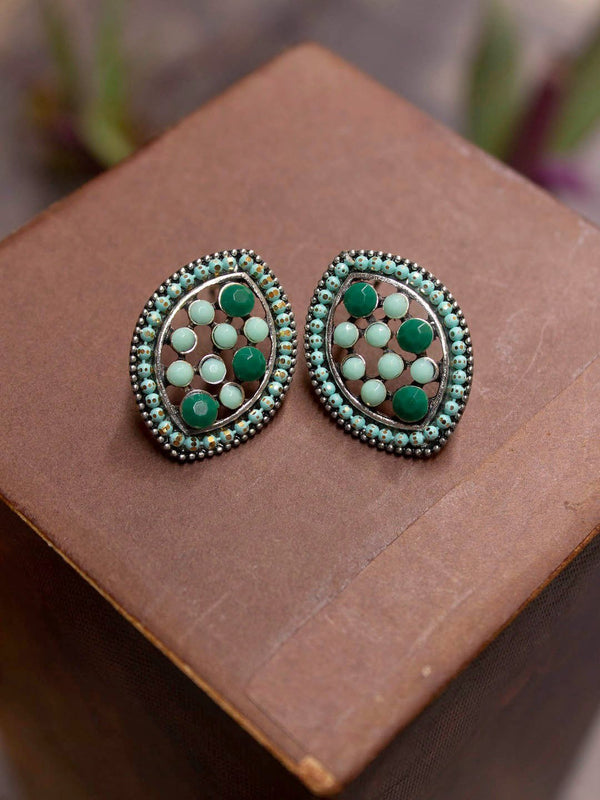 Silver Plated Oval Shape Flower Petal Design Green Color Plastic Stone Stud Earring