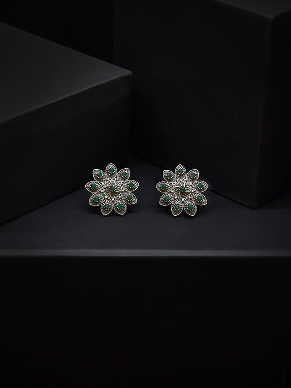 Silver Plated Floral Design Green Color Artificial Stone Stud Earring