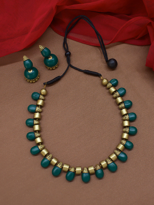 Tear Drop Design Hand Painted Green Color Terracotta Jewellery Set