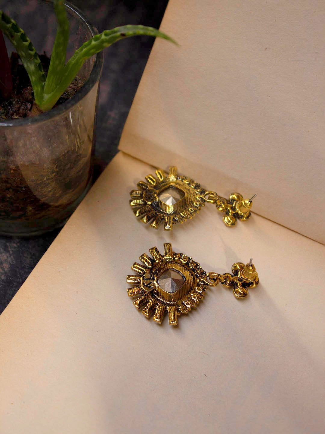 Gold Plated Floral Design Blue And Sky Blue Color Artificial Stone Dangler Earring