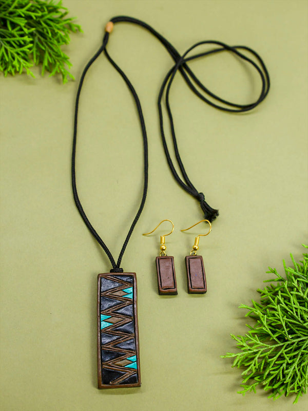 Brown and Blue Choclate Bar Inspired Handmade Terracotta Necklace Set