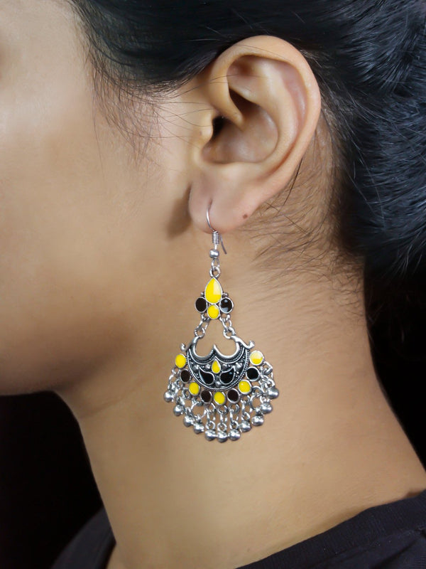 Floral Design Yellow and Black Dangler Afghani Earring