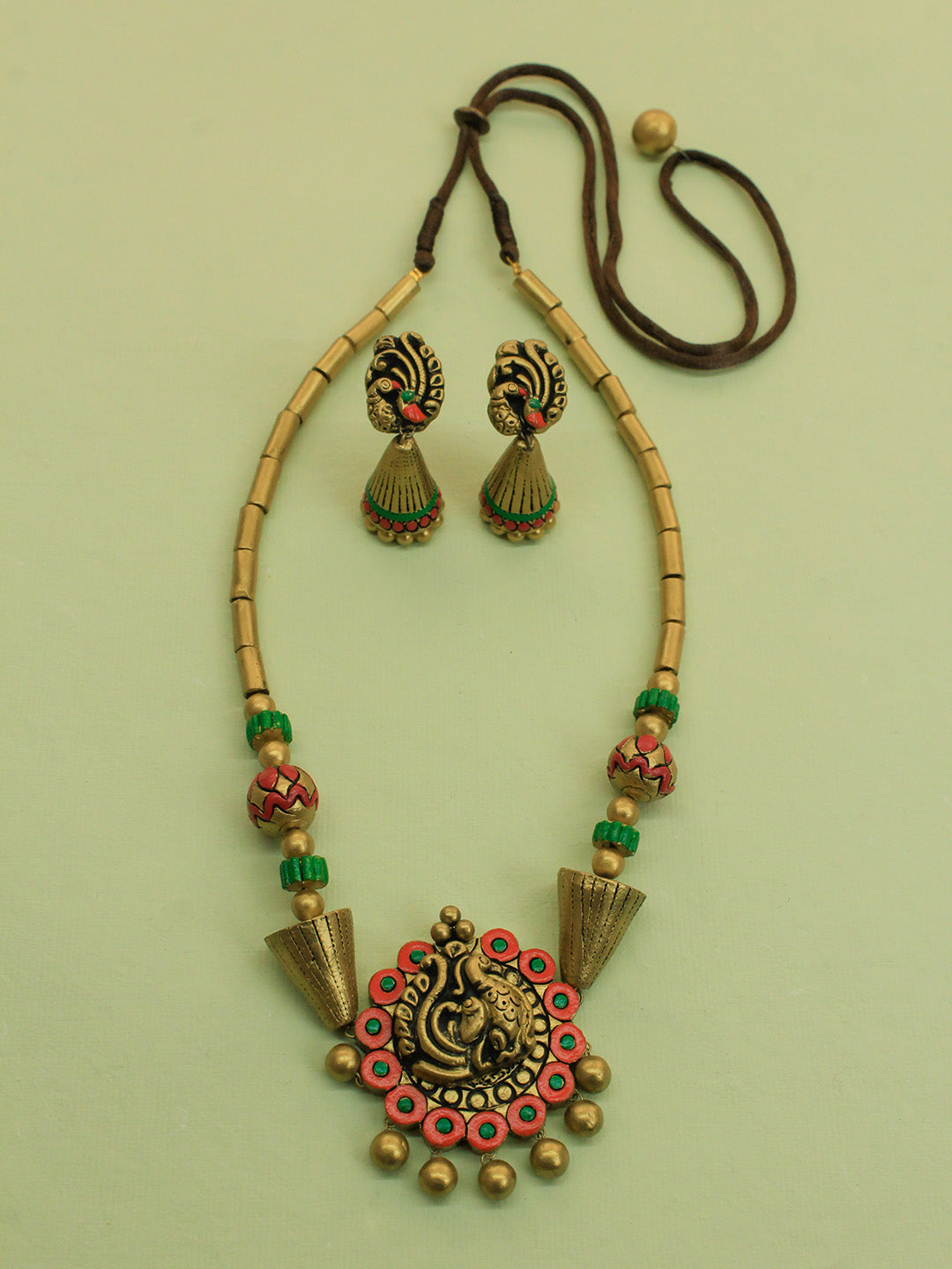 Antique Gold Red Green Peacock Design Handmade Terracotta Necklace Set