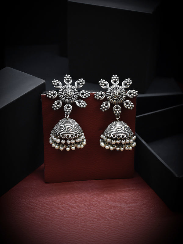 Silver Plated Floral Design Stud With Hanging White Pearls Jhumka Earring