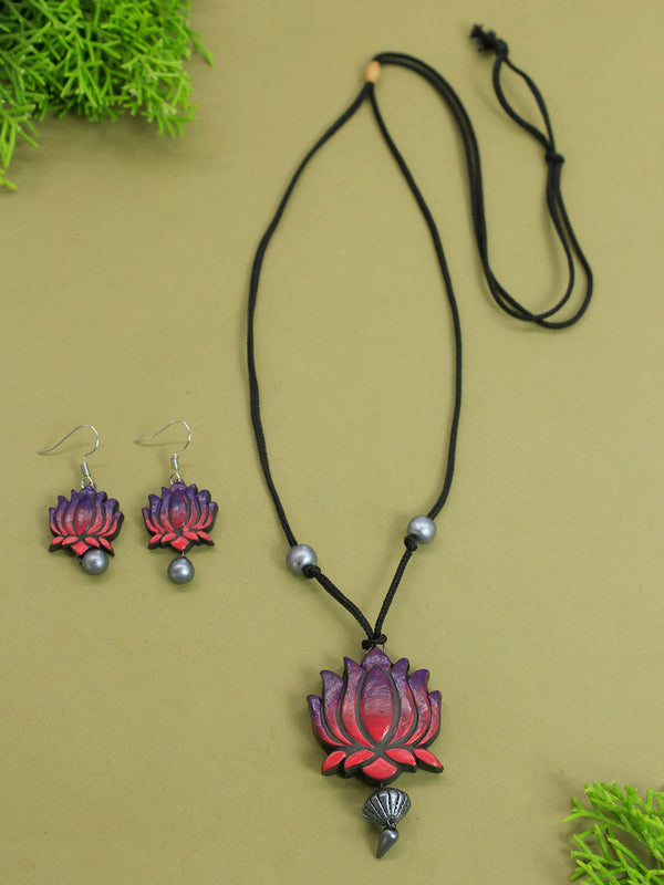 Purple Pink Silver Lotus Design Minimalistic Handmade Terracotta Necklace Set