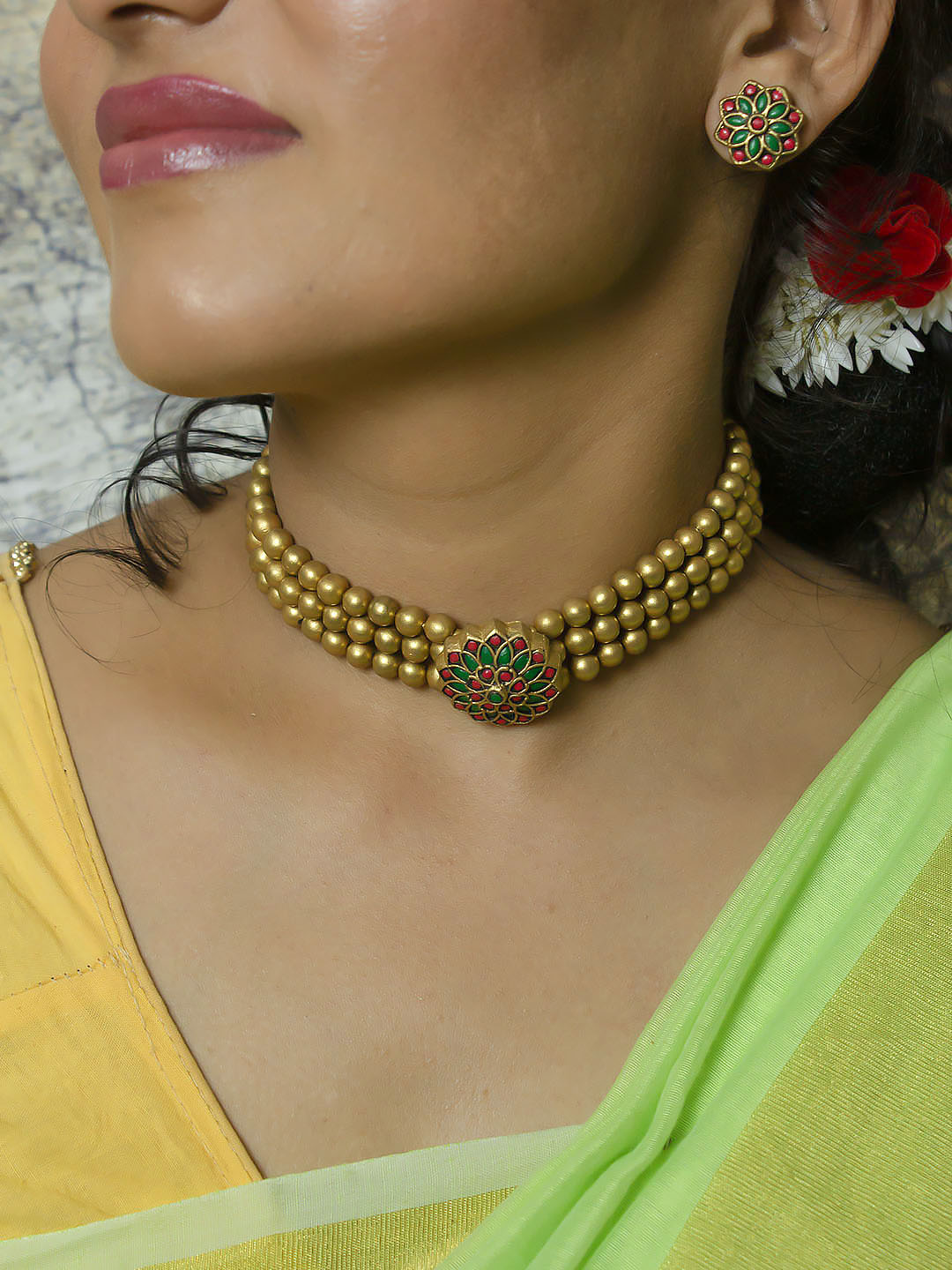 Antique Gold Pink Green Victorian Choker 3 Layered Handmade Terracotta Necklace Set