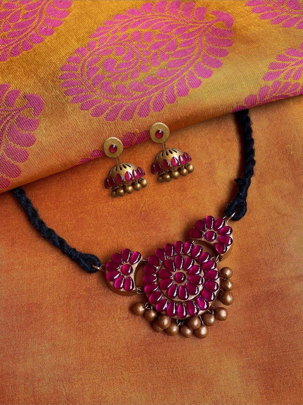 Flower Design Hand Painted Finish Terracotta Jewellery Set