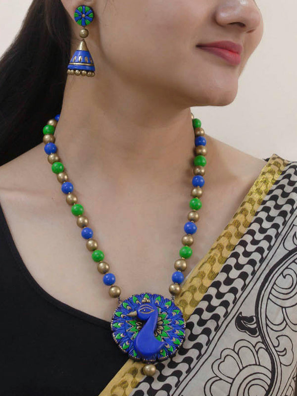 Peacock Design Hand Painted Finish Terracotta Jewelry Set