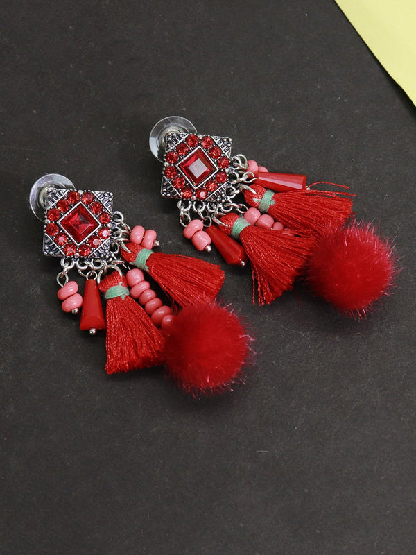 Red Color Tassel With Pom Pom Hanging Earring