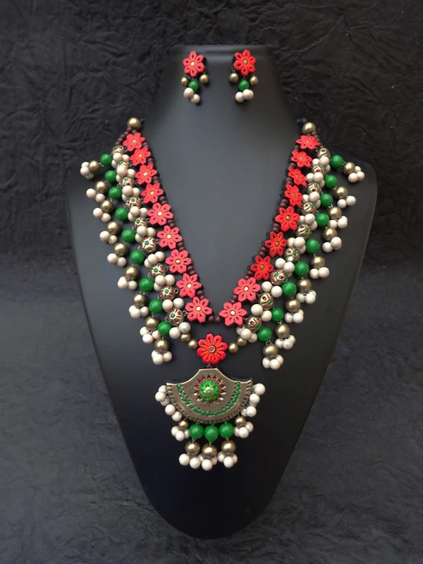 Flower Design Hand Painted Finish Terracotta Jewellery Set