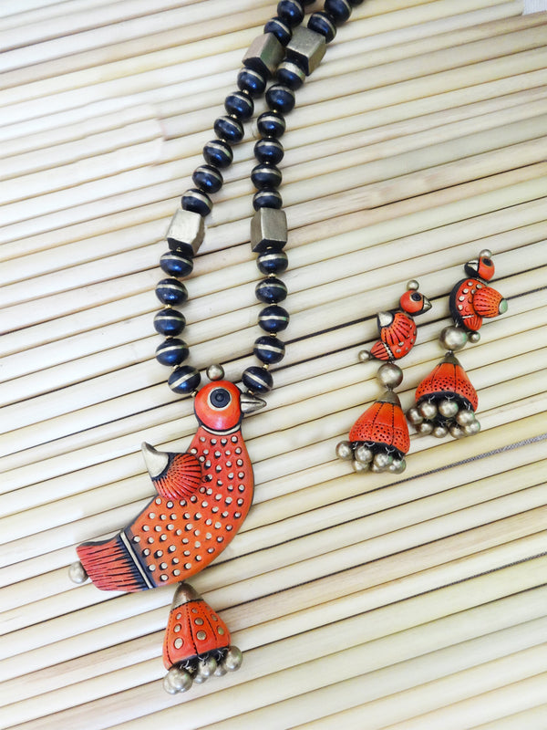 Bird Design Hand Painted Terracotta Jewelry Set