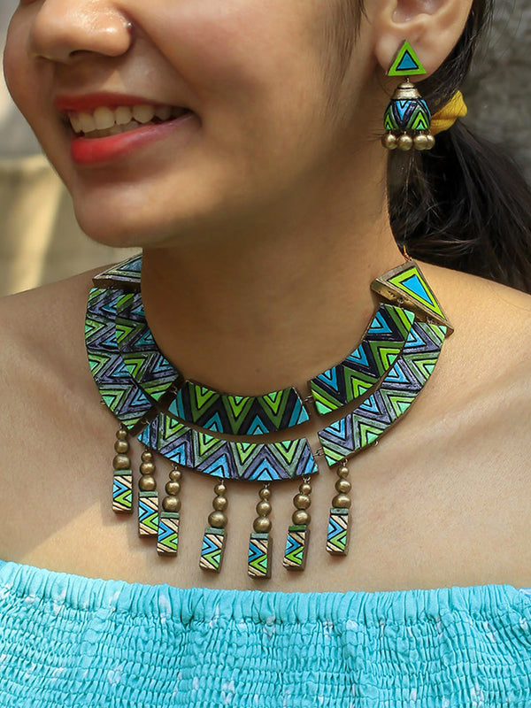 Half Moon Triangular Geometric Design Blue Green Contemporary Handmade Terracotta Necklace Set