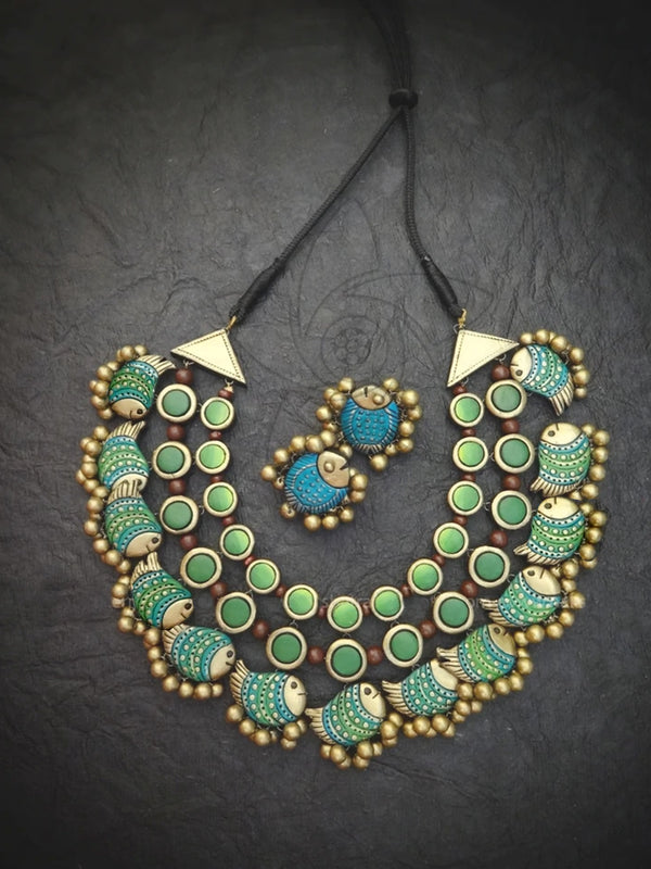 Fish Design Hand Painted Terracotta Jewelry Set