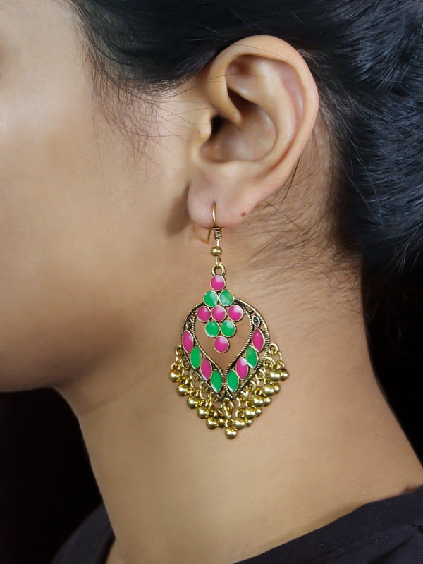 Floral Design Pink and Green Dangler Afghani Earring