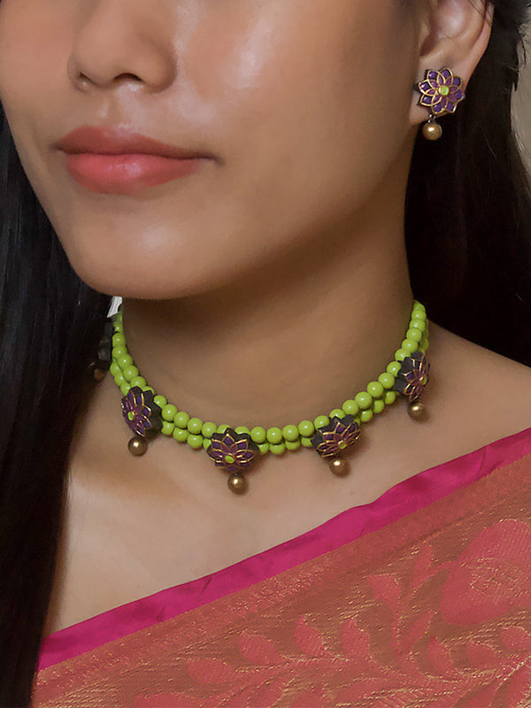 Bamboo Purple Antique Gold Green Pastel Shade Two Layered Choker Handmade Terracotta Necklace Set