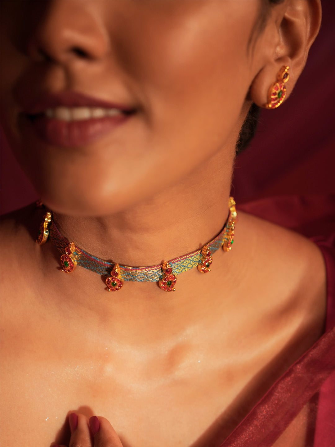 Zarvitha — Gold Tone Blue Zari Temple Choker Necklace Set