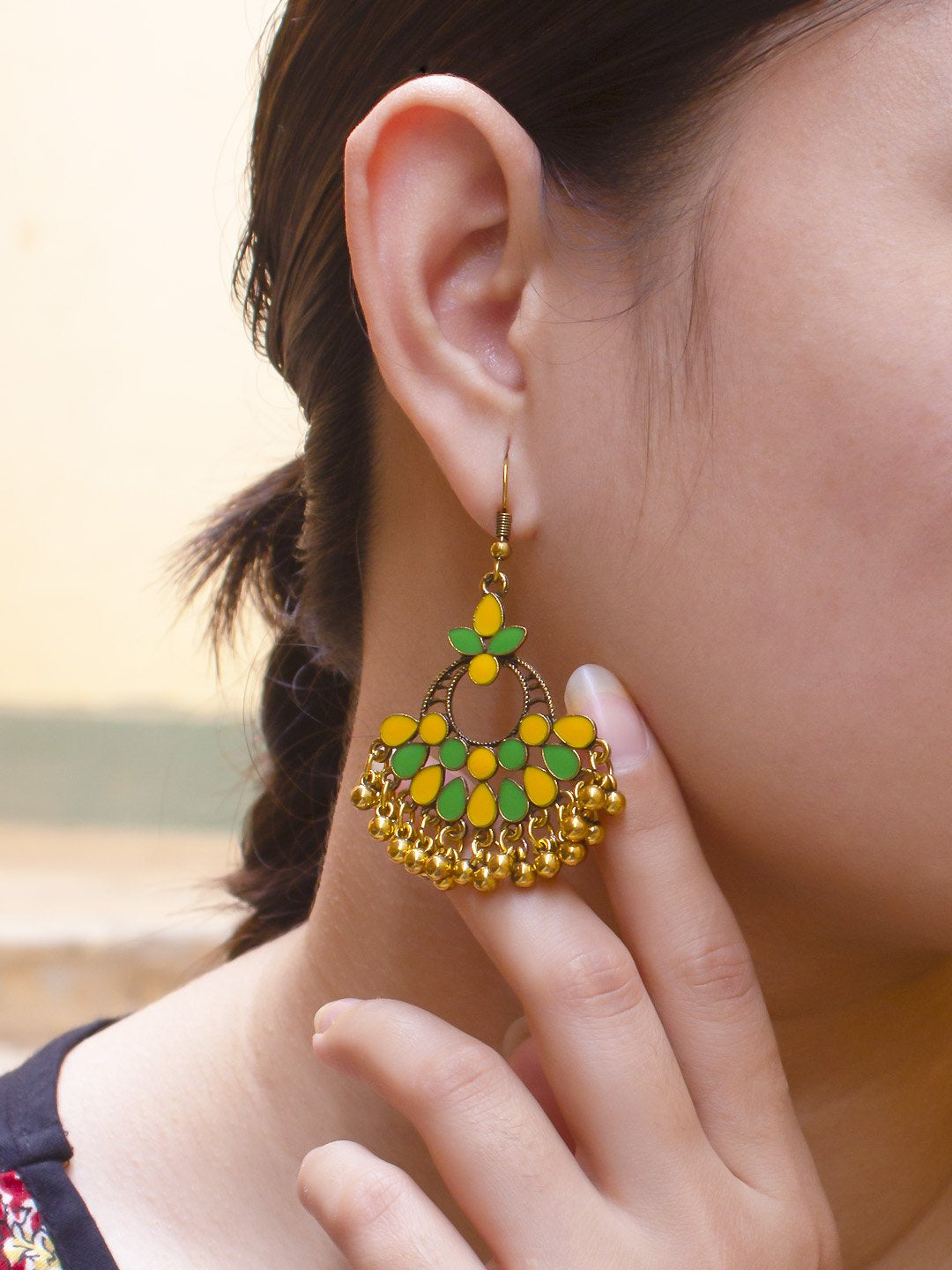 Floral Design Yellow and Green Dangler Afghani Earring