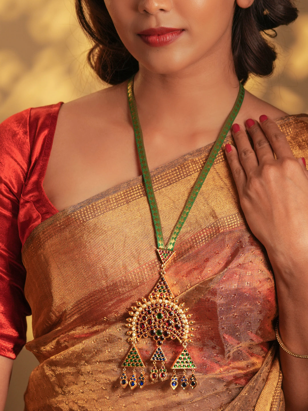Gold Tone Temple Necklace Set- Brocade Surya Green