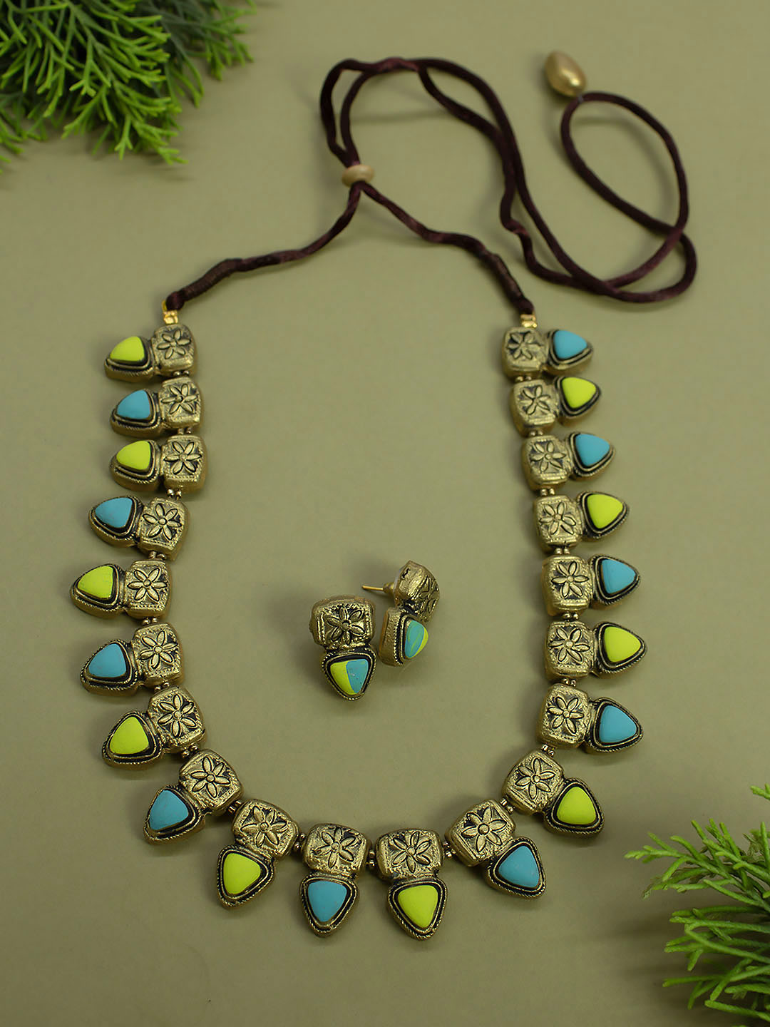 Antique Gold Leaf Green Aqua Blue Triangular Shape Minimalistic Mandala Design Handmade Terracotta Necklace Set