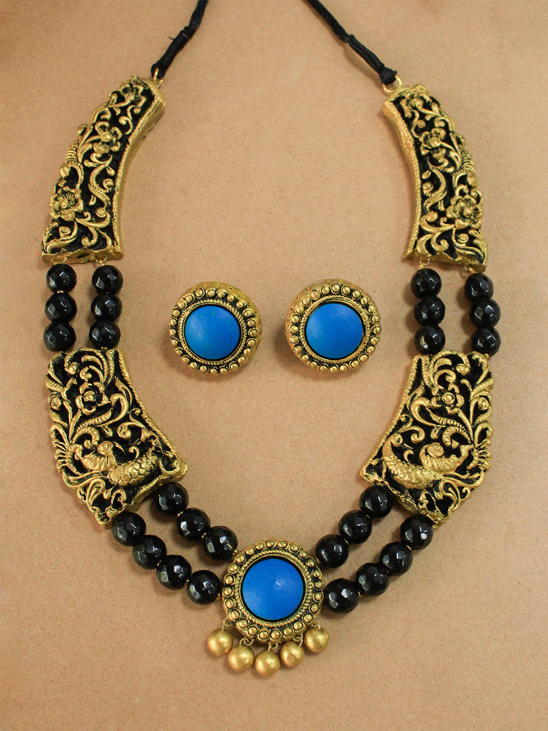 2 Layered Rani Haar Design Black Glass Beads Peacock Design Antique Gold Blue Handmade Terracotta Necklace Set
