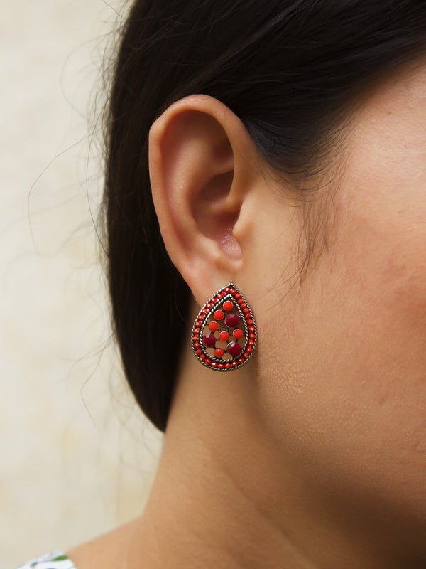 Tear Design  Red Stud  With Stones Earring