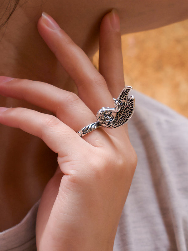 Antique Silver Plated Peacock Design Adjustable Finger Ring