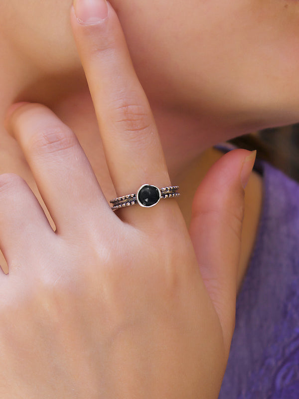 Silver Plated Geometric Design Black Color Stone Finger Ring