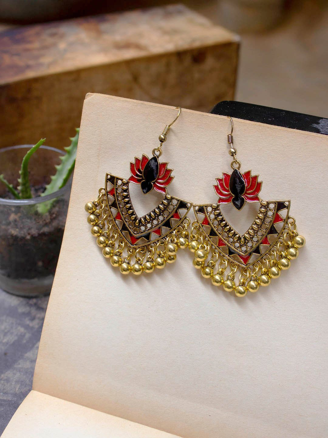 Gold Plated Lotus Design Red And Black Color Artificial Stone Hanging Dangle Earring