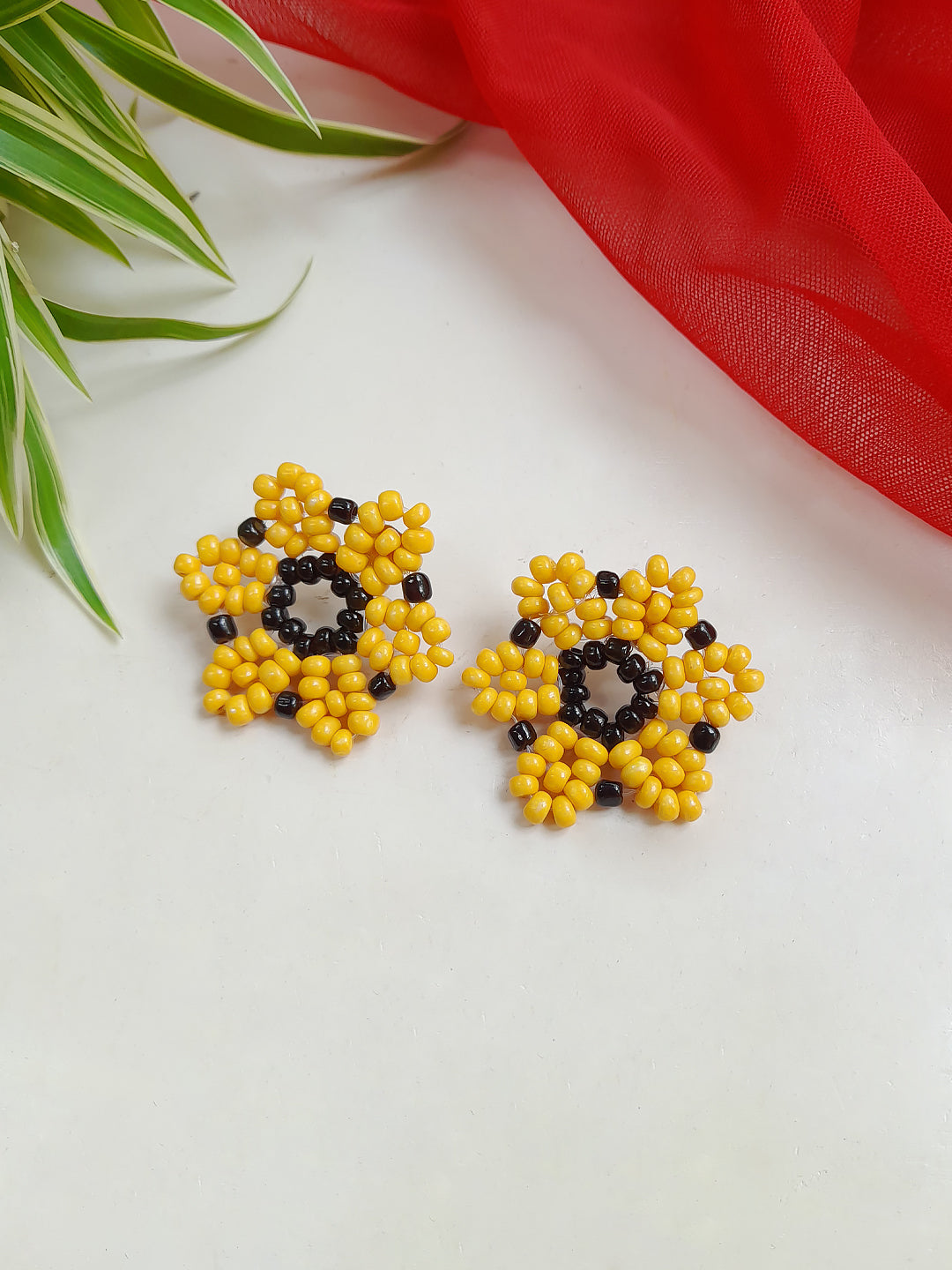 Seed Beads Yellow And Blue Color Floral Design Statement Jewelry Set