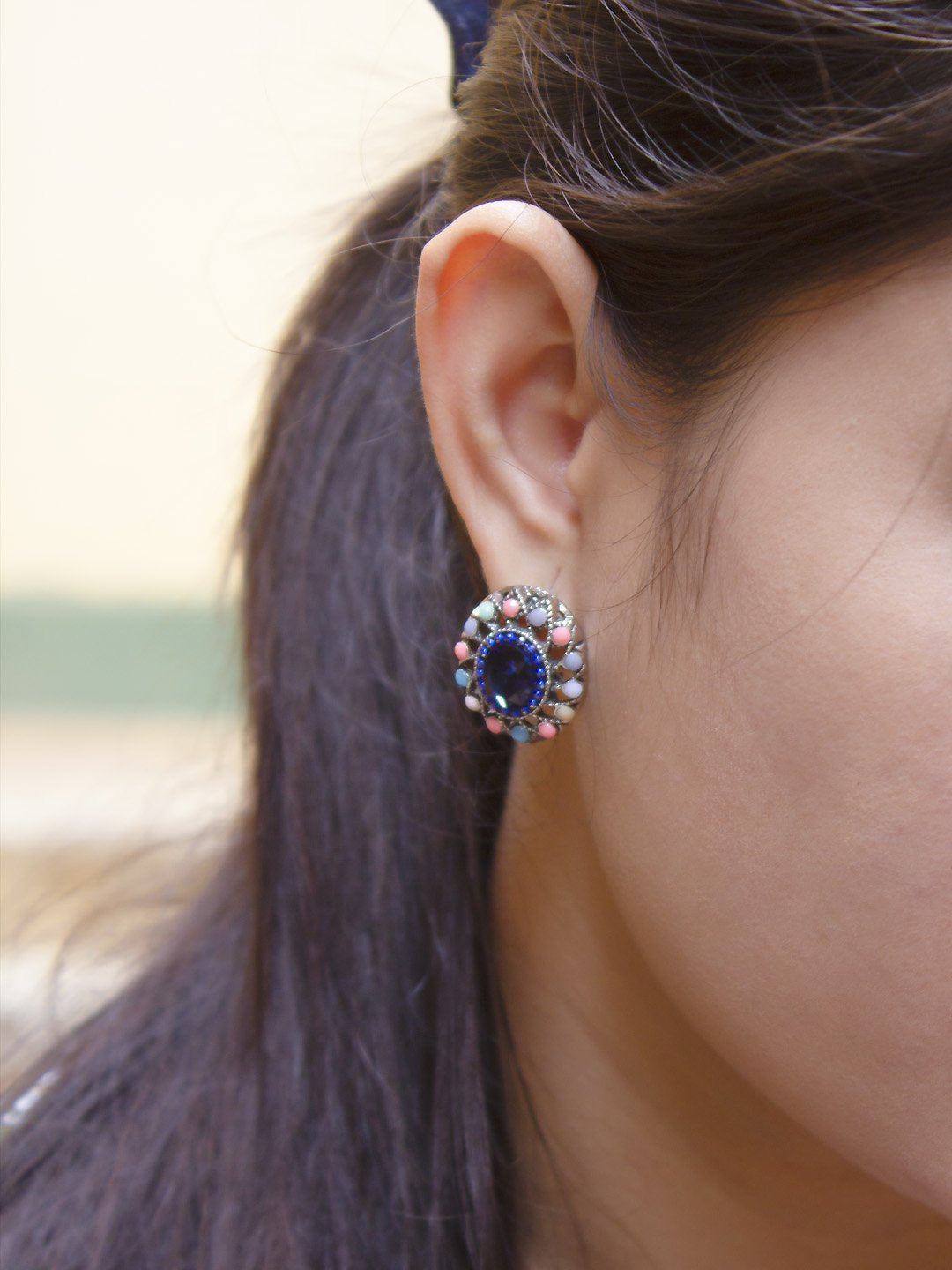 Oval Design  Blue Stud  With Stones Earring