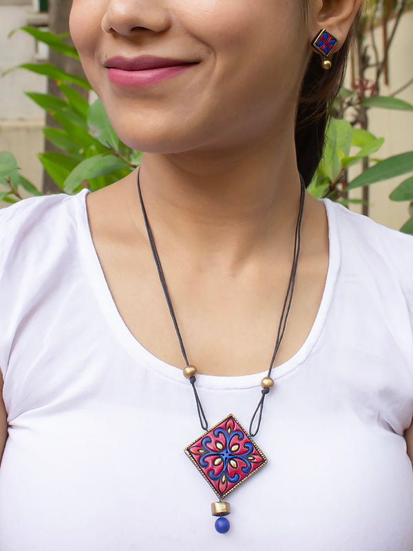 Rhombus Design Mandala Art Work Pink Blue Handmade Terracotta Necklace Set