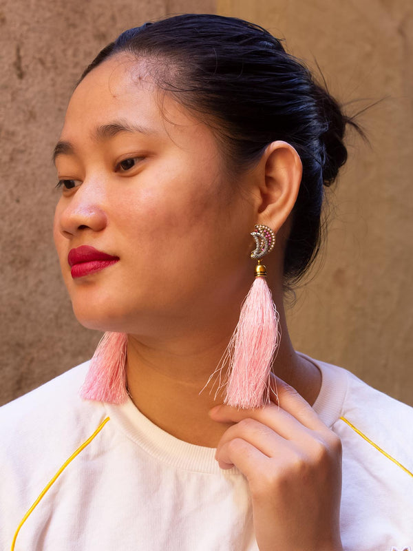 Light Pink Color Tassel Stud Earring