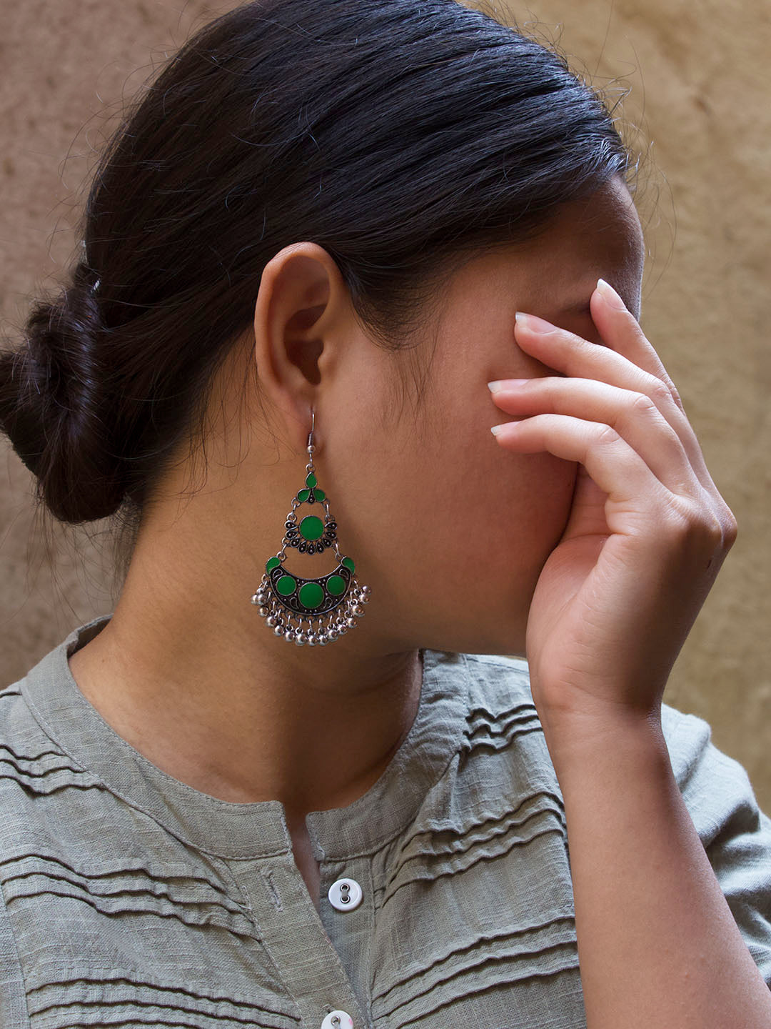Silver Plated Floral Design Green Enamel Paint Afghani Earring
