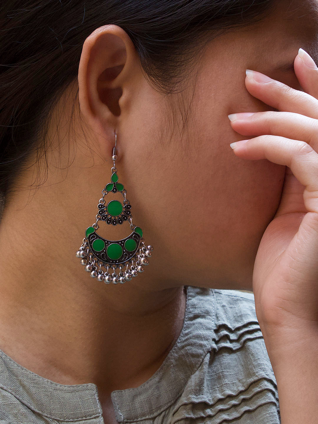 Silver Plated Floral Design Green Enamel Paint Afghani Earring