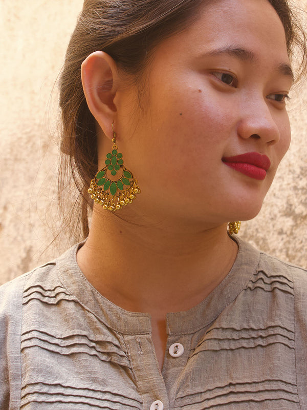 Gold Plated Floral Design Green Enamel Paint Afghani Earring