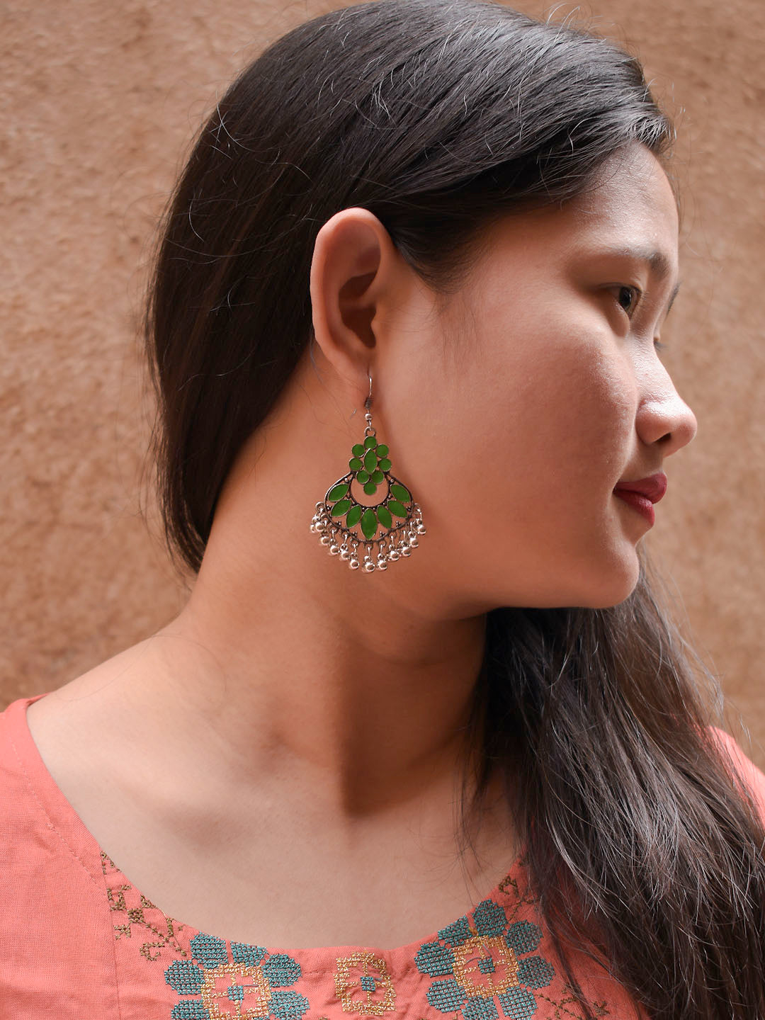 Floral Design Green Dangler Afghani Earring