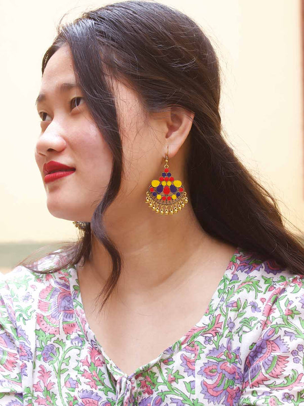 Floral Design Red and Yellow and Blue Dangler Afghani Earring