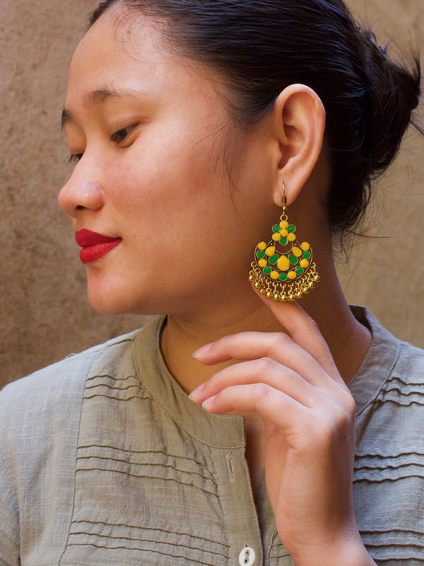 Floral Design Yellow and Green Dangler Afghani Earring