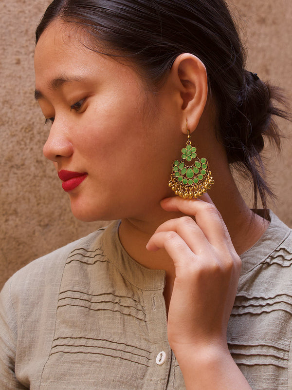 Floral Design Green Dangler Afghani Earring