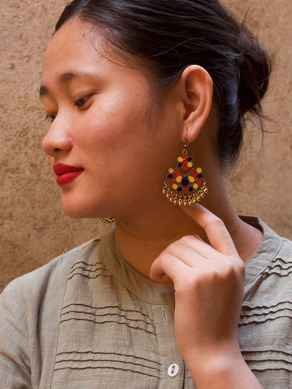 Floral Design Red and Yellow and Blue Dangler Afghani Earring