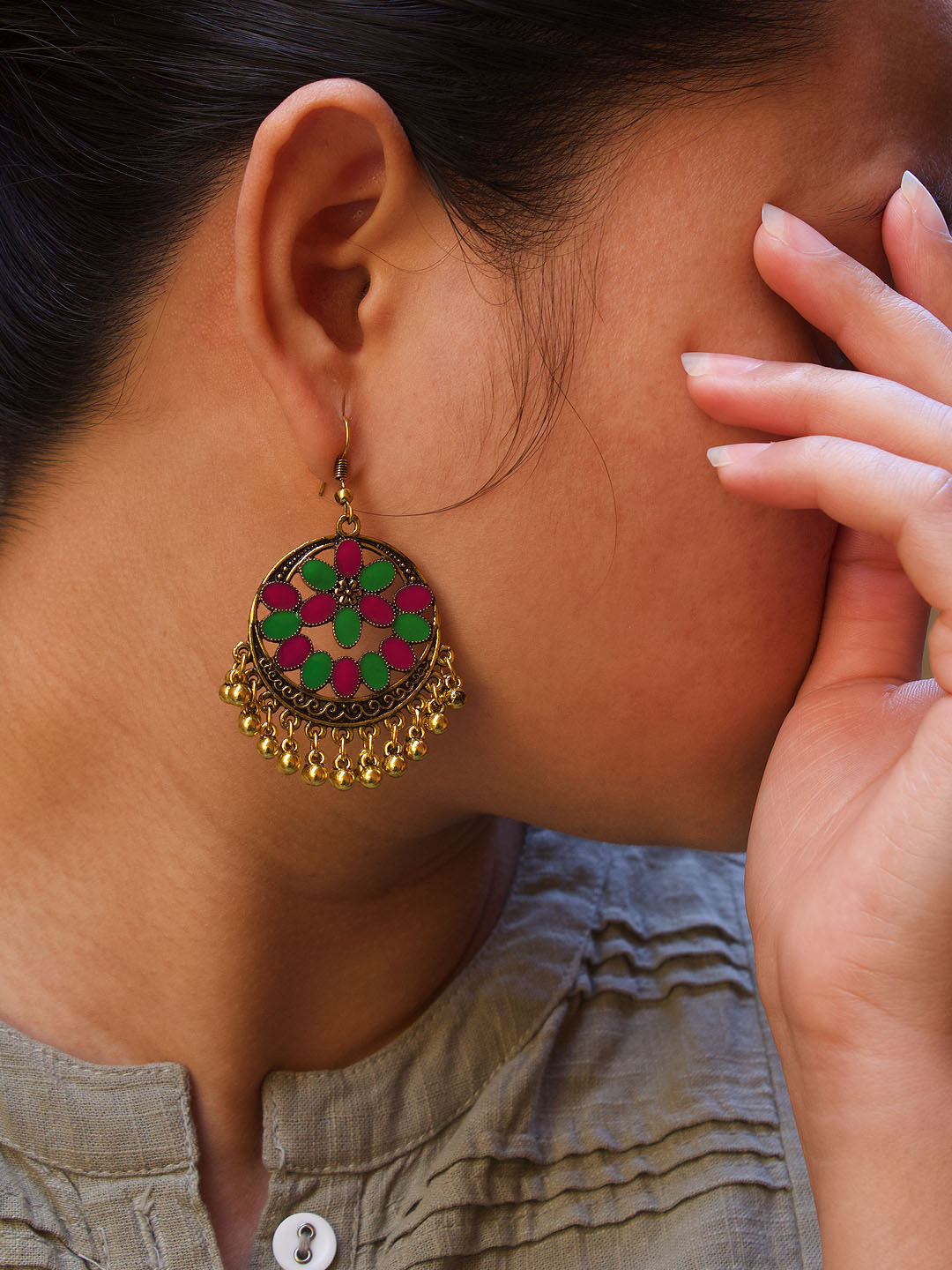 Floral Design Pink and Green Dangler Earring