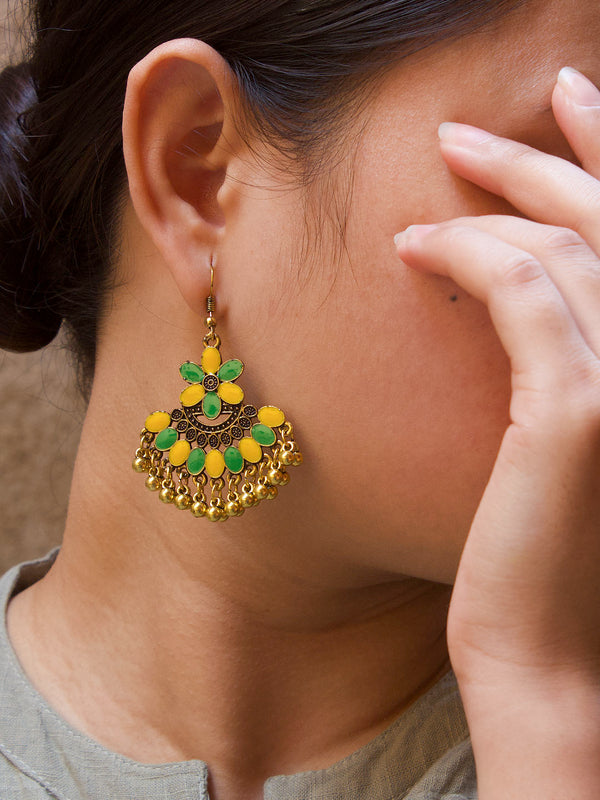 Floral Design Yellow And Green Dangler Afghani Earring