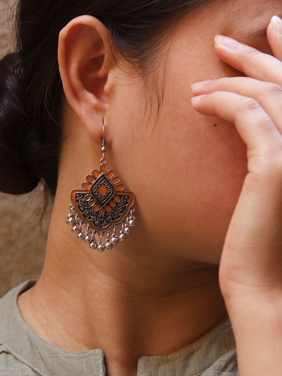 Floral Design Orange Dangler Afghani Earring