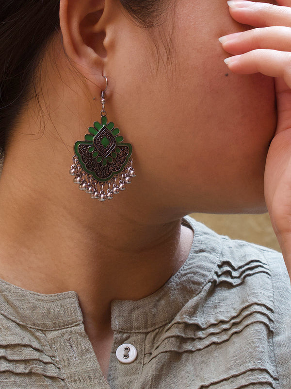 Floral Design Green Dangler Afghani Earring