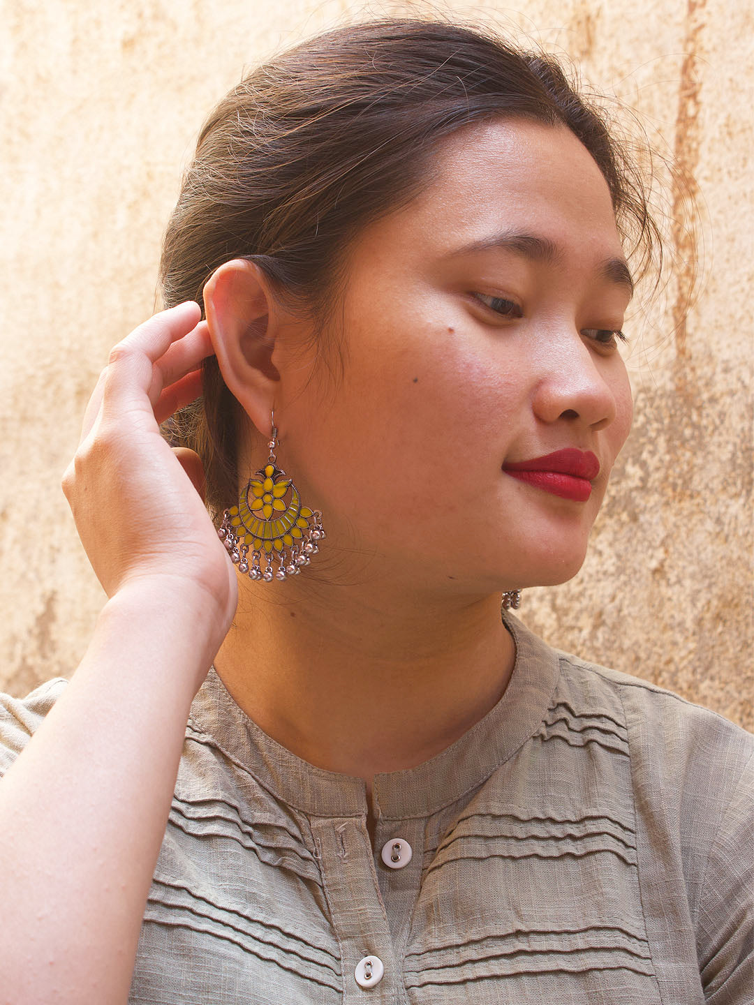 Floral Design Yellow Dangler Afghani Earring